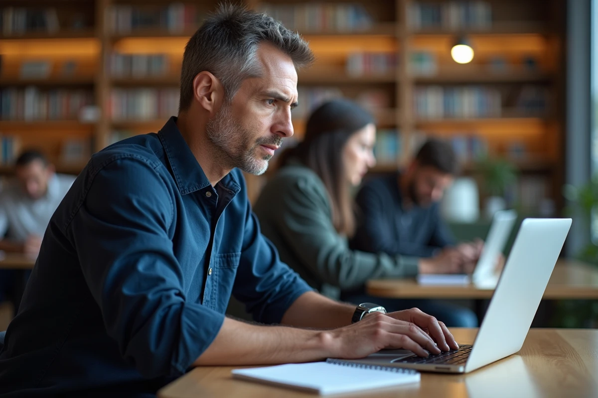 Homme d'âge mûr mettant à jour son CV sur ordinateur portable dans un espace de coworking pour se réinscrire à France Travail