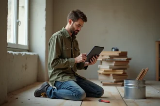 Nouveau propriétaire consultant un tutoriel de bricolage sur tablette dans un appartement en rénovation