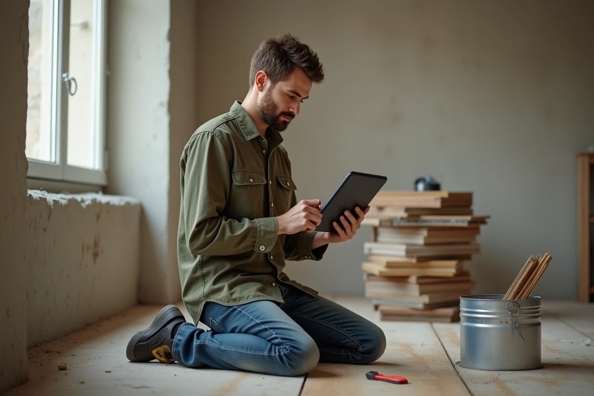 Nouveau propriétaire consultant un tutoriel de bricolage sur tablette dans un appartement en rénovation