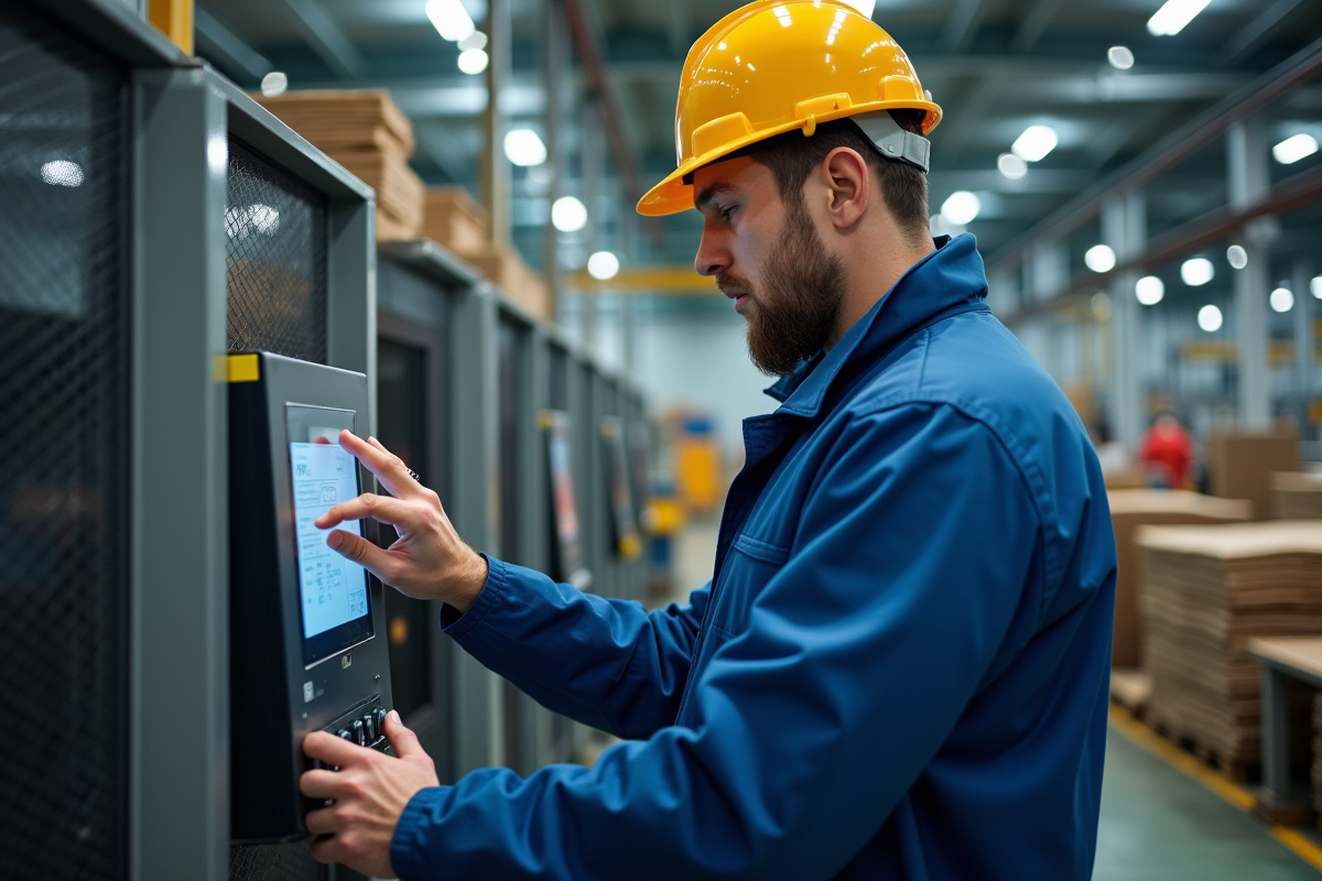 Ouvrier industriel contrôlant une machine dans une usine