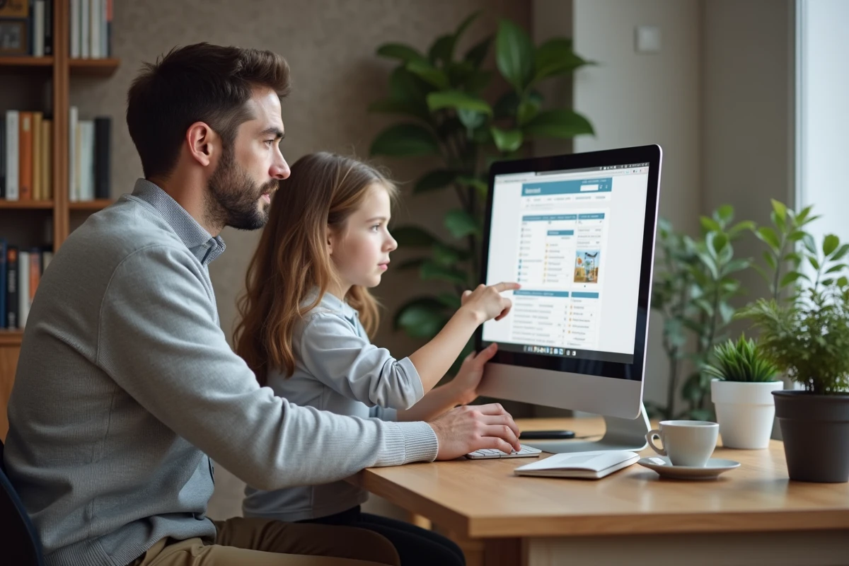 Père et fille utilisant un ordinateur dans le salon