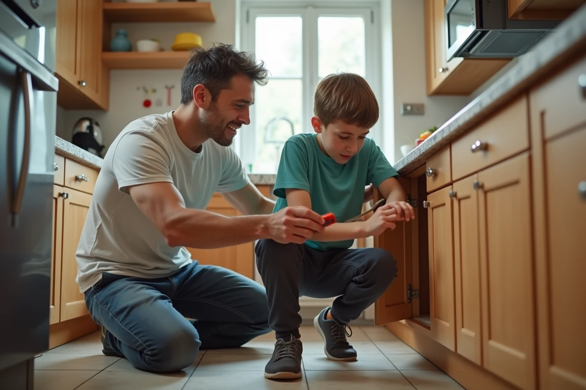 Père et fils réparent une porte de cuisine ensemble