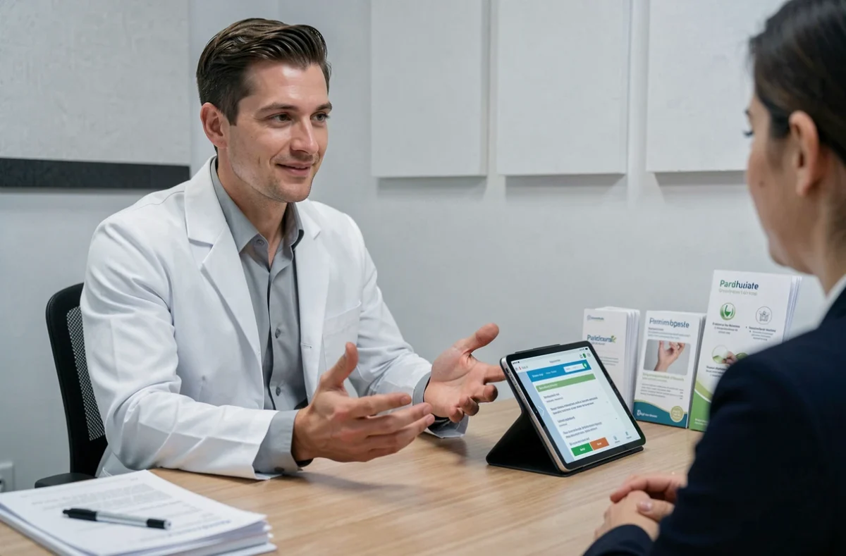 Parapharmacien masculin en consultation client expliquant des recommandations de produits de santé