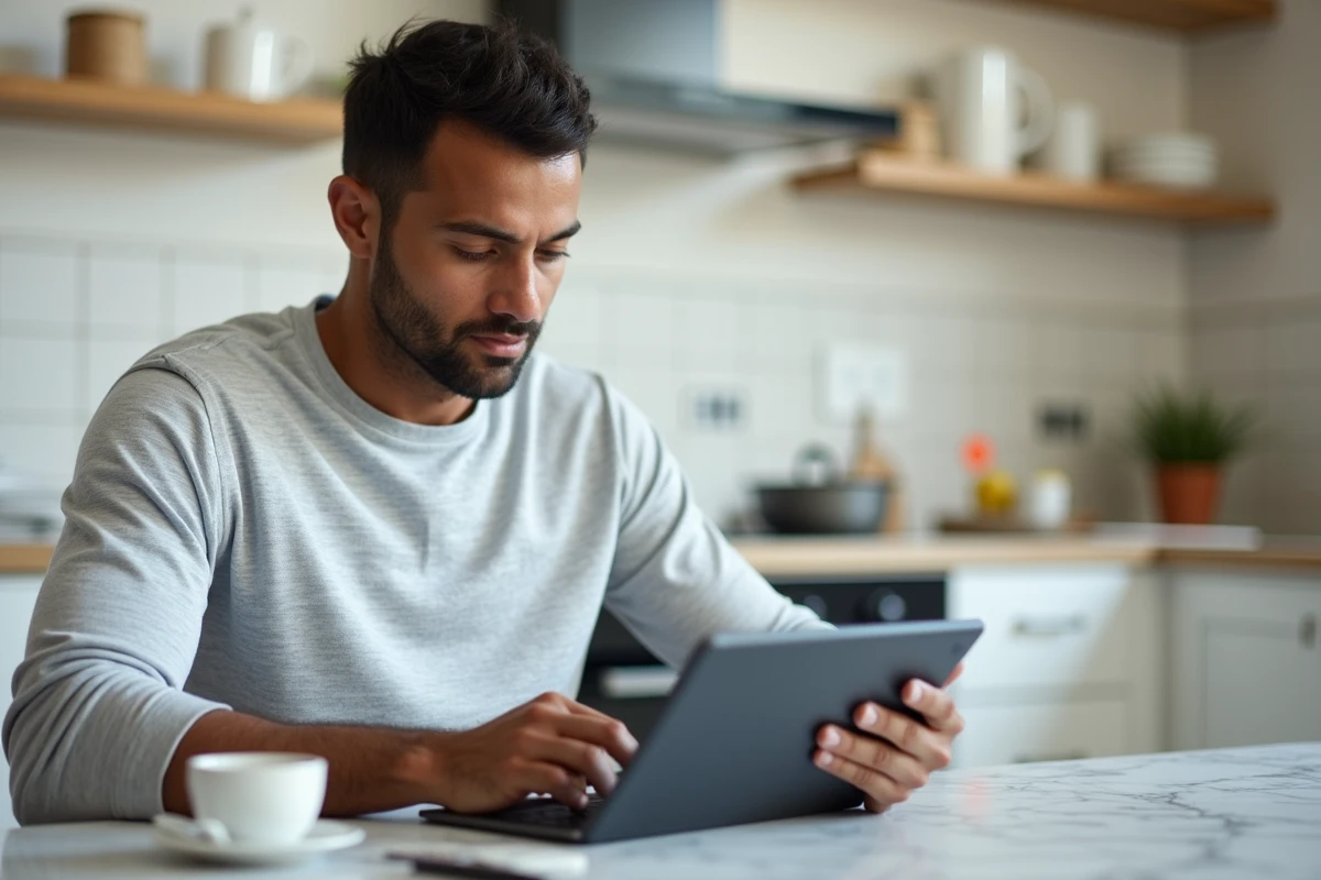 Parent consultant le portail SCOLAWEB sur une tablette numérique depuis la cuisine familiale