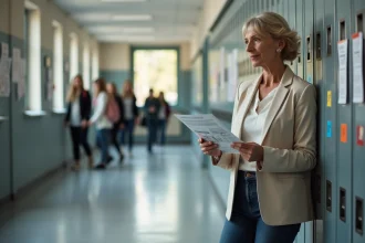 Une mère de famille consulte une brochure dans le couloir d'un grand lycée français, illustration d'un parent cherchant à s'informer sur le plus grand lycée de France