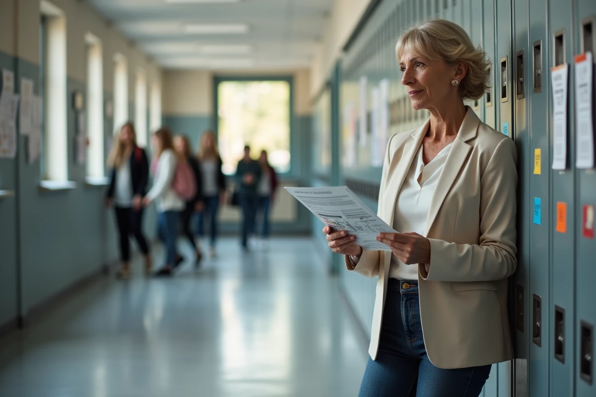 Une mère de famille consulte une brochure dans le couloir d'un grand lycée français, illustration d'un parent cherchant à s'informer sur le plus grand lycée de France