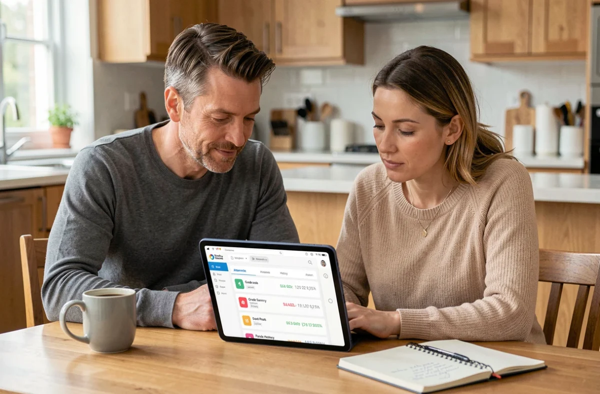 Parents consultant le suivi scolaire de leur enfant incluant absences et frais sur une application mobile
