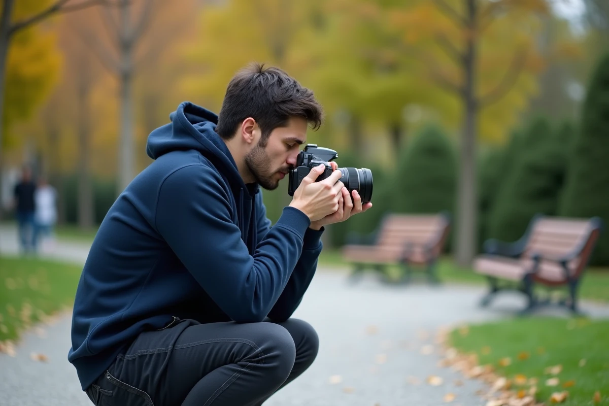 Photographe débutant mal positionné dans un parc urbain en automne, illustrant les erreurs de technique et de stabilisation à éviter en photographie