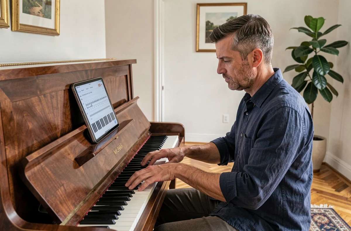 Homme adulte apprenant le piano avec une tablette affichant une application de cours, installée sur un vrai piano