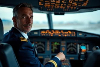 Pilote de ligne en uniforme dans le cockpit d'un avion commercial avec tableau de bord numérique