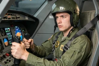 Jeune pilote de chasse en combinaison de vol dans un simulateur de cockpit militaire, en pleine formation