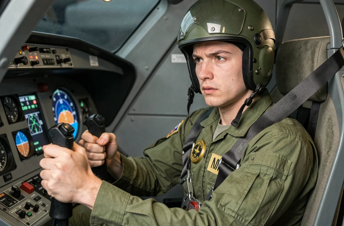 Jeune pilote de chasse en combinaison de vol dans un simulateur de cockpit militaire, en pleine formation