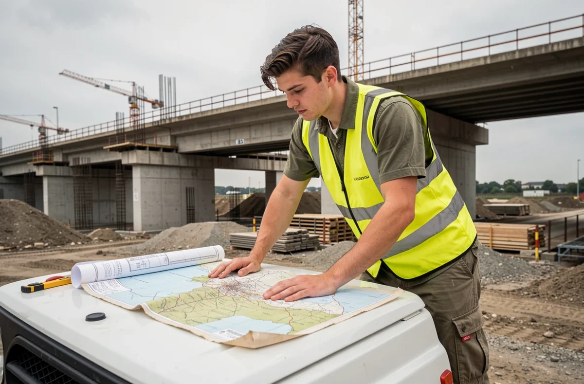 Étudiant en gilet haute visibilité sur un chantier de construction de pont, représentant l'École nationale des ponts et chaussées