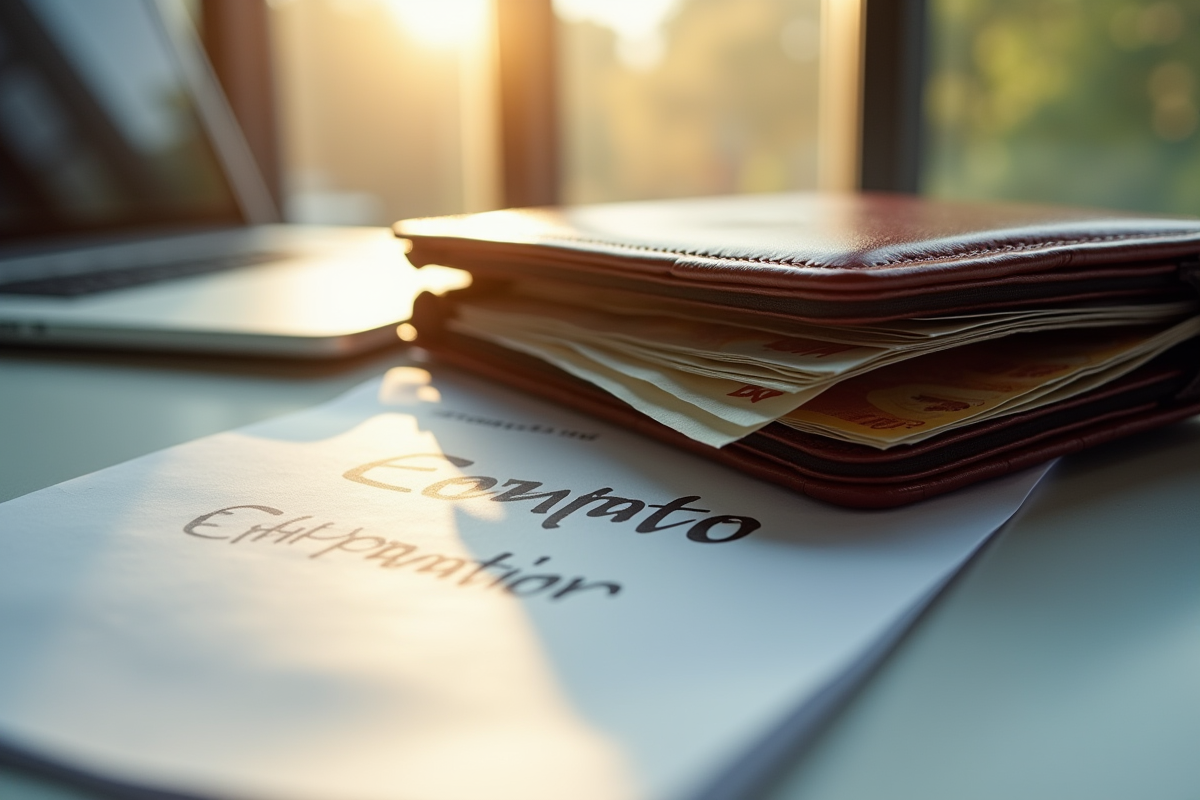 Portefeuille ouvert avec billets et document formation sur bureau