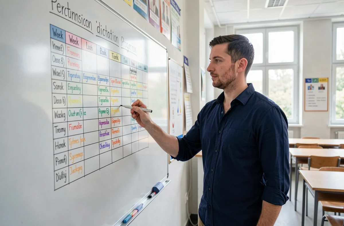 Professeur des écoles CM2 présentant un tableau de progression annuelle de dictées au tableau blanc