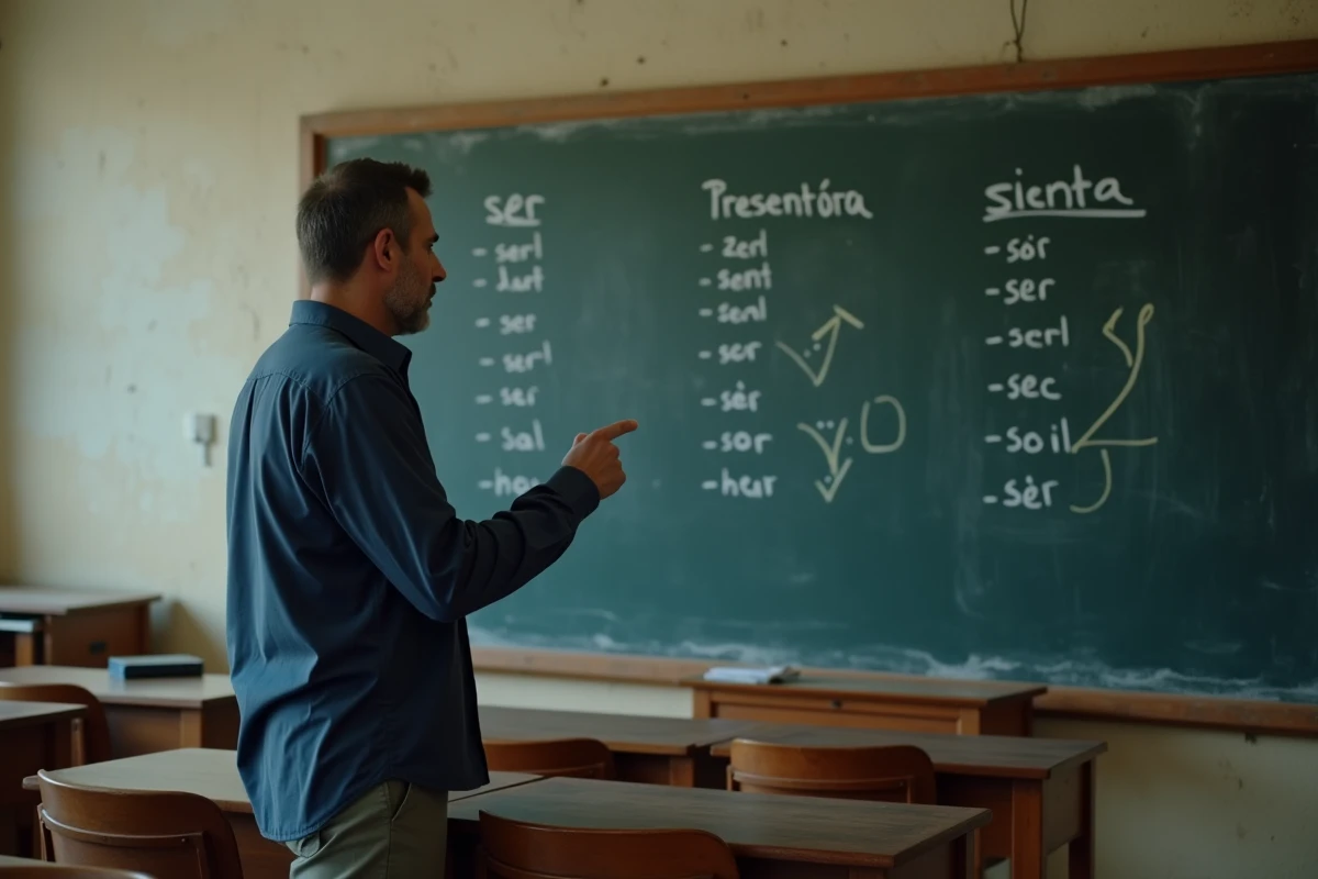 Professeur d'espagnol expliquant la conjugaison du verbe ser au présent devant un tableau noir en classe