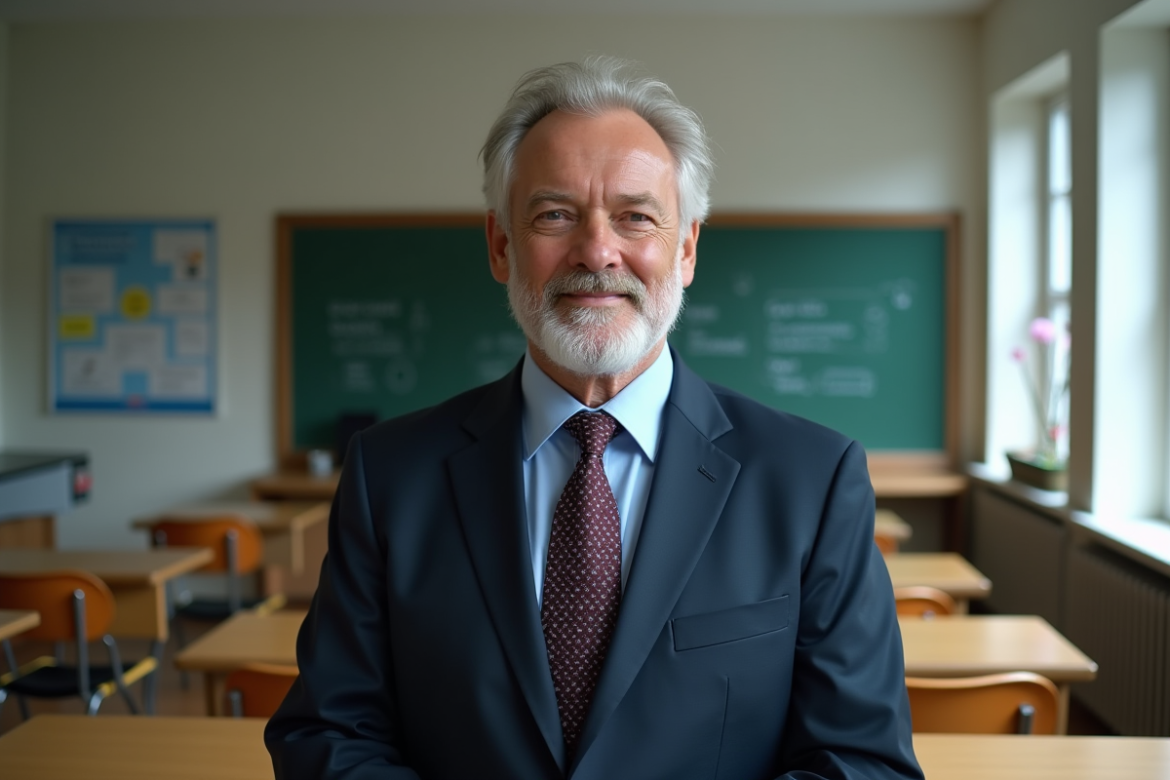 Professeur homme en costume dans une salle de classe moderne