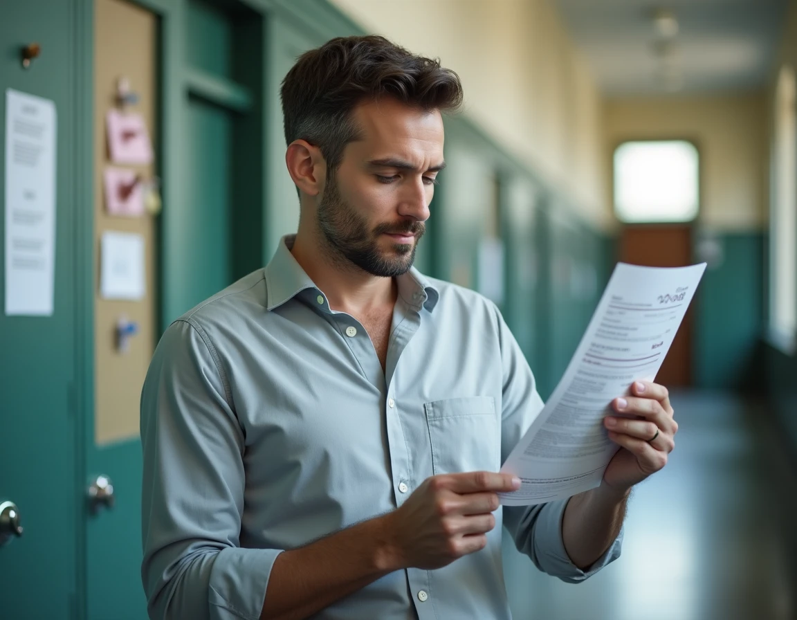 Professeur masculin examinant sa fiche de salaire après l'avancement Hors Classe dans un couloir d'école