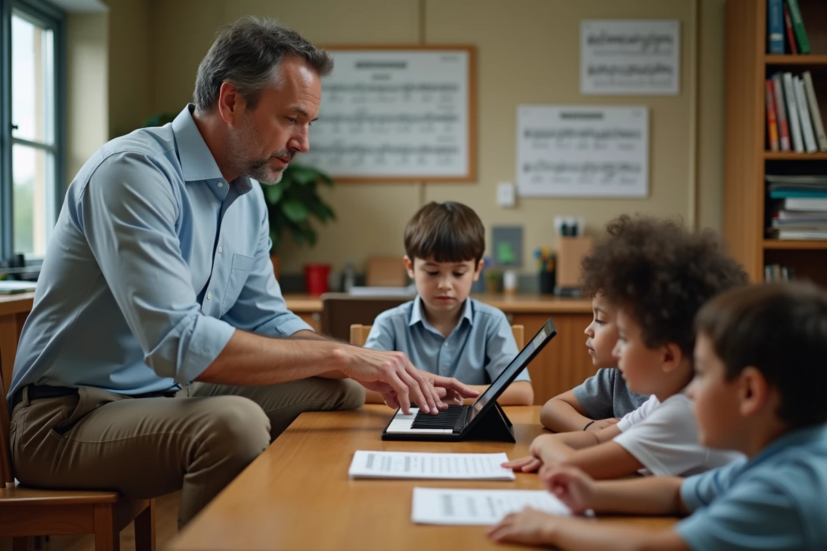 Professeur montrant une application de piano à des enfants en classe