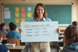 Professeure d'école montrant un tableau de conjugaison du passé simple