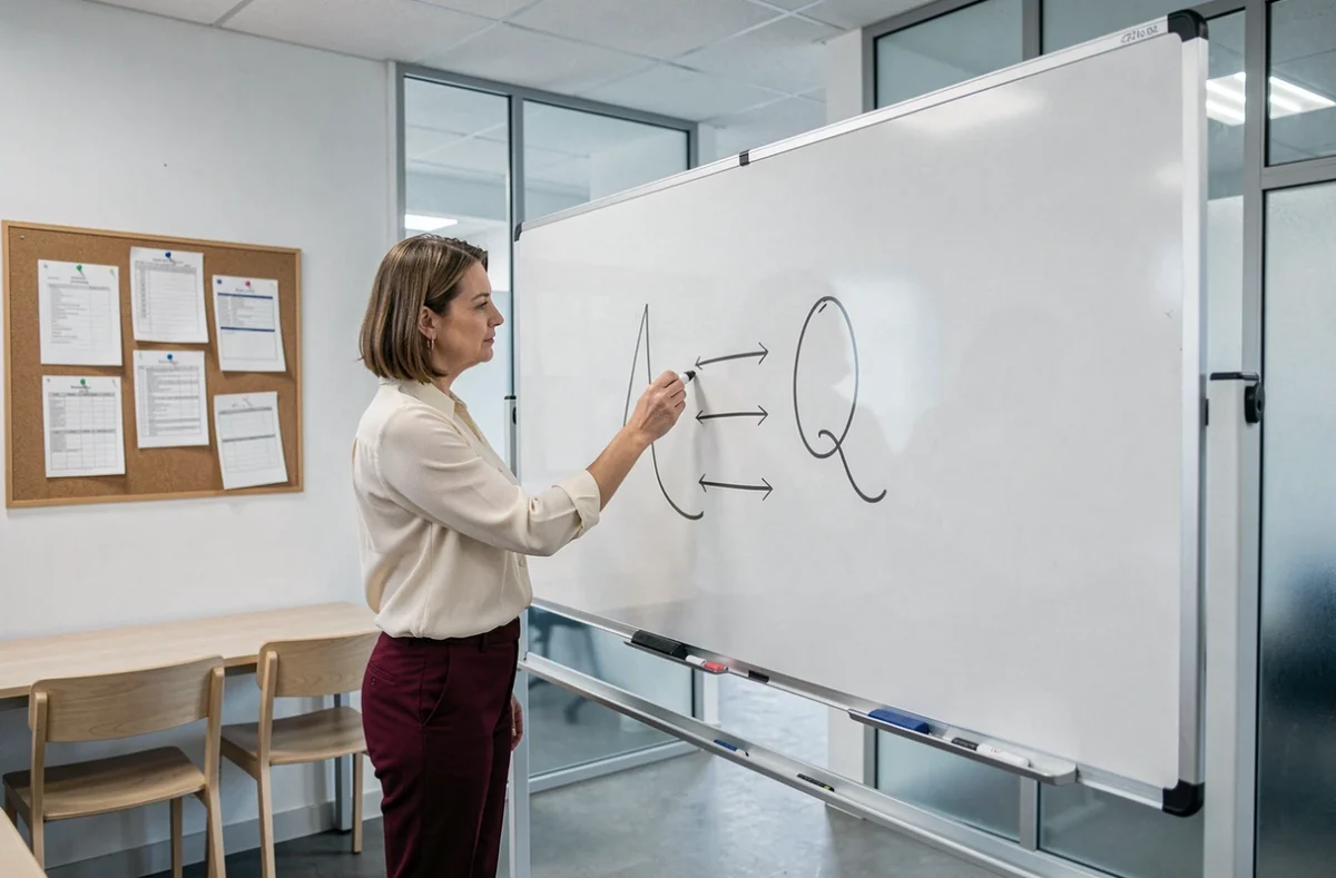 Professeure montrant les étapes du tracé du Q majuscule attachée sur un tableau blanc avec des flèches pédagogiques