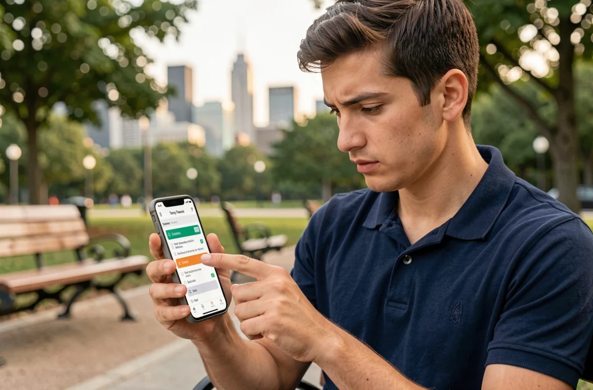 Jeune homme répondant à un quiz interactif de code de la route sur smartphone dans un parc urbain