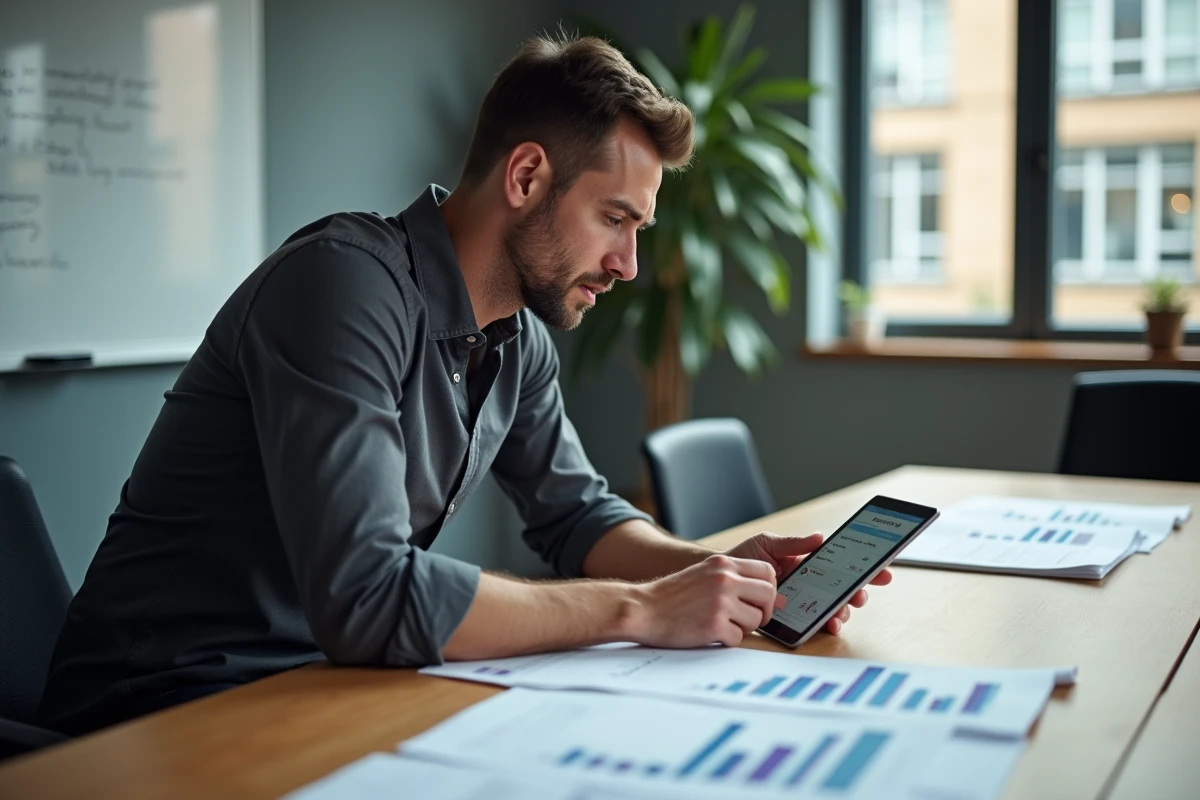 Recruteur RH analysant les résultats d'un test de QI de candidats dans une salle de réunion professionnelle