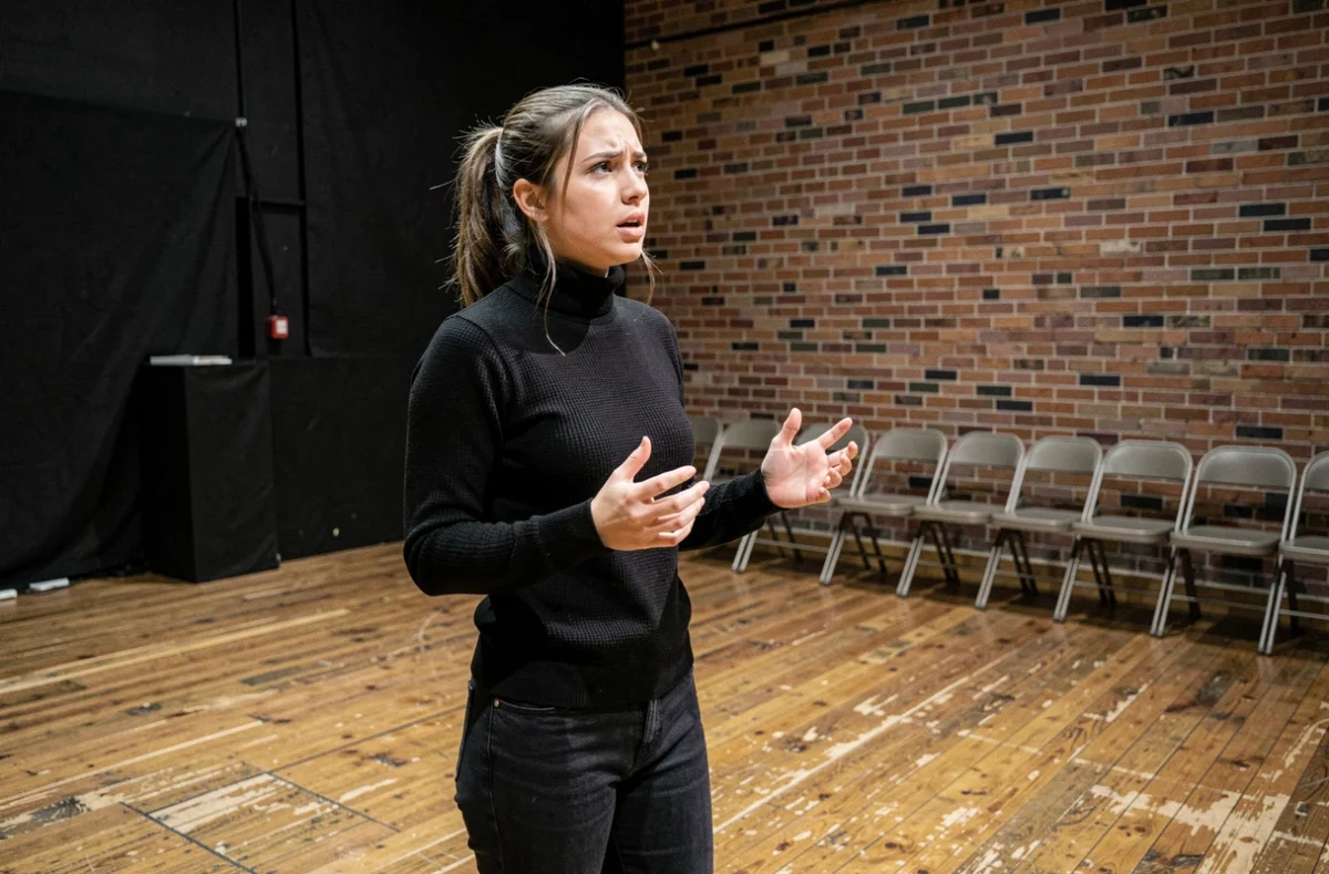 Jeune comédienne en répétition sur une scène de théâtre noir, préparant son audition pour le Cours Florent