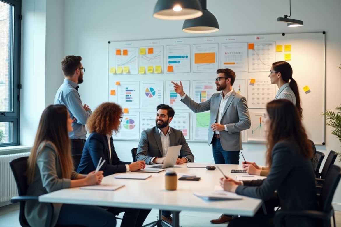 Réunion d'entreprise moderne avec équipe diverse