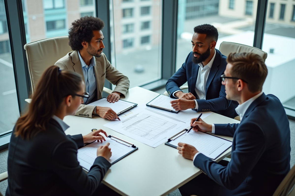 Groupe d adultes discutant autour d une table avec rubrics et documents