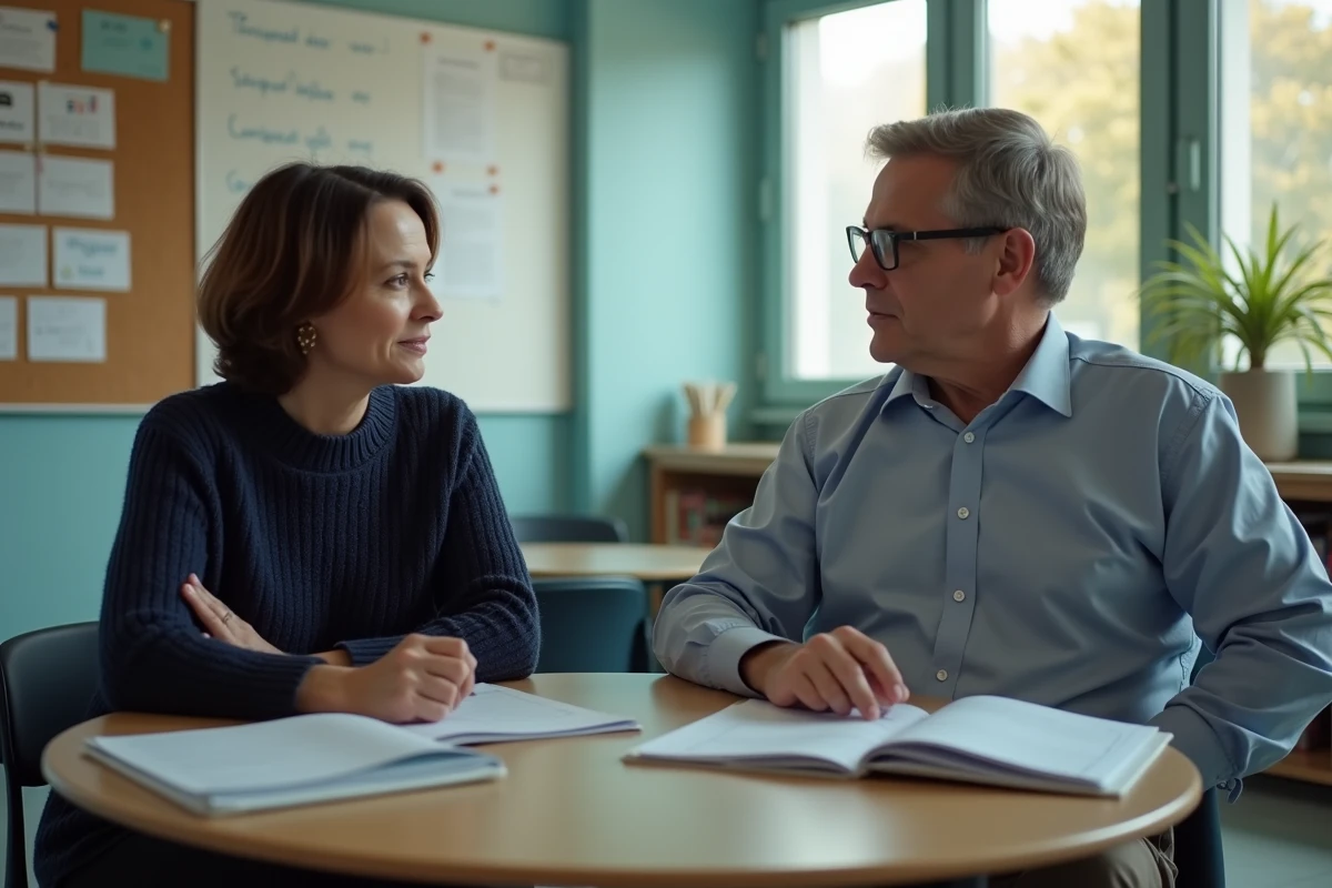 Une mère de famille discute avec un conseiller pédagogique dans les bureaux administratifs d'un grand lycée français pour évaluer si l'établissement convient à son enfant