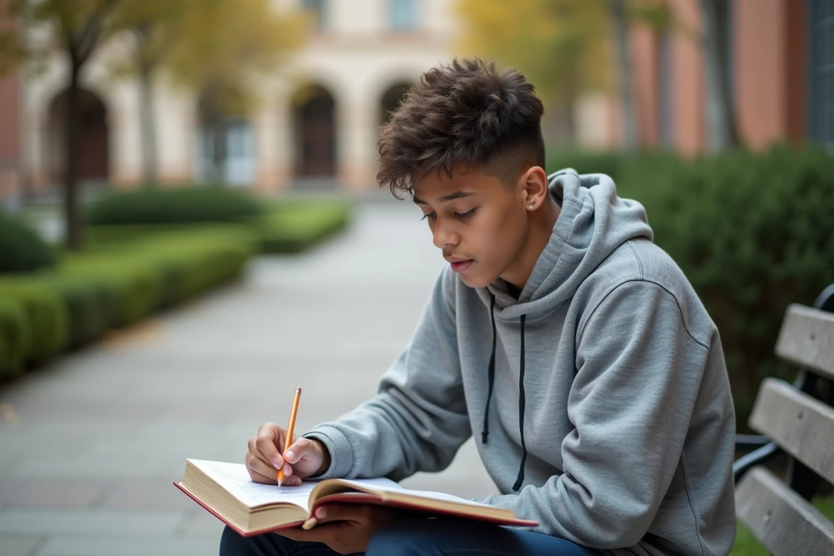 Adolescent révisant les conjugaisons du verbe ser en espagnol sur un cahier d'exercices en plein air sur un campus