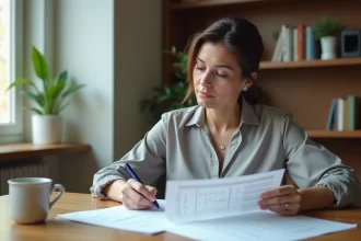 Femme en train de réviser son CV imprimé avec des annotations manuscrites dans un bureau à domicile, pour une réinscription à France Travail