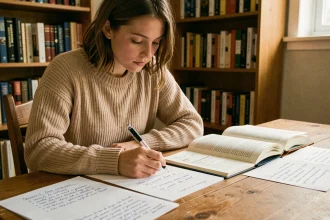 Jeune femme révisant le passé simple avec des fiches de grammaire française sur un bureau en bois