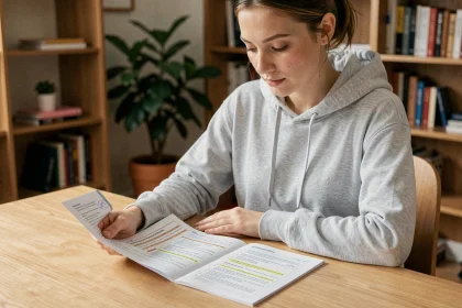 Jeune femme révisant un guide de questions de permis de conduire en PDF à son bureau à domicile