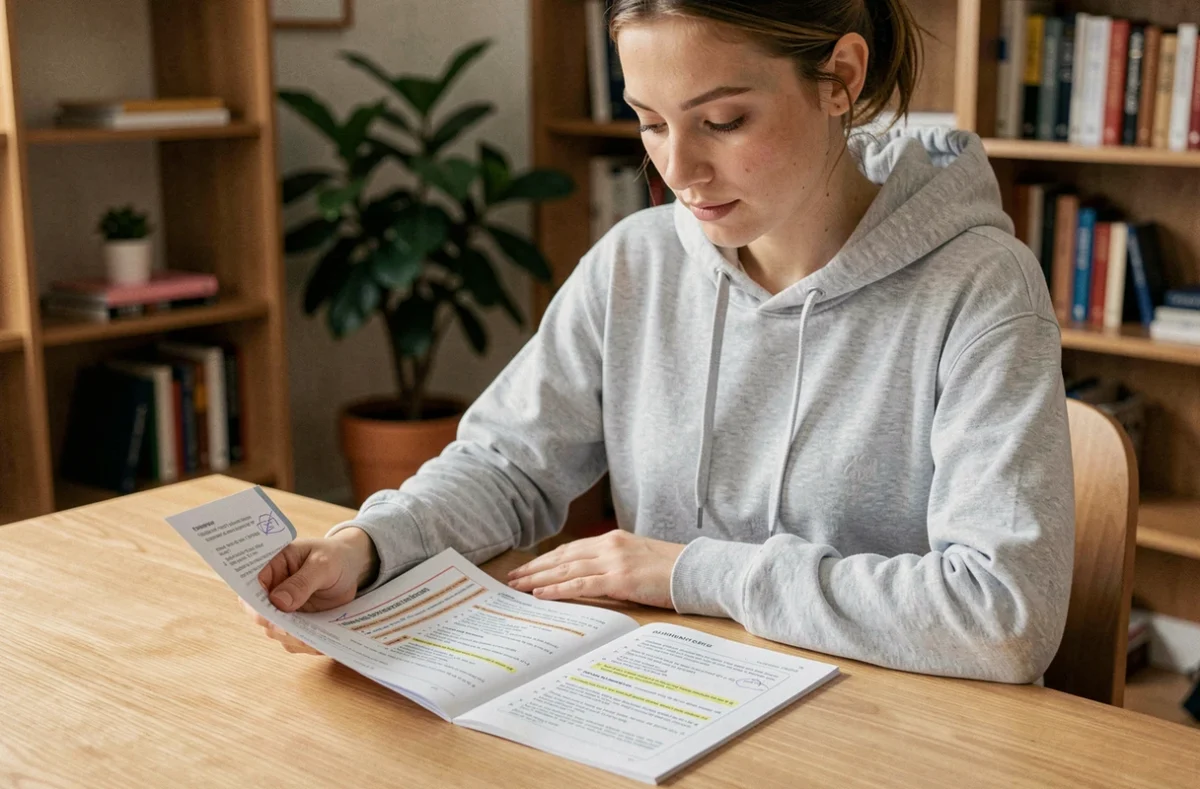Jeune femme révisant un guide de questions de permis de conduire en PDF à son bureau à domicile