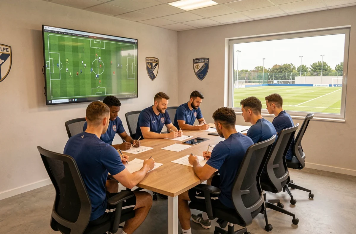 Réunion tactique dans les nouvelles salles du centre de formation de l'Olympique de Marseille, encadrement technique et joueurs analysant les stratégies en 2026