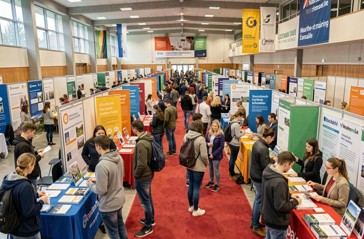Vue générale du Salon des formations et métiers de Lorraine en Meurthe-et-Moselle, avec visiteurs et exposants dans une grande salle d'exposition