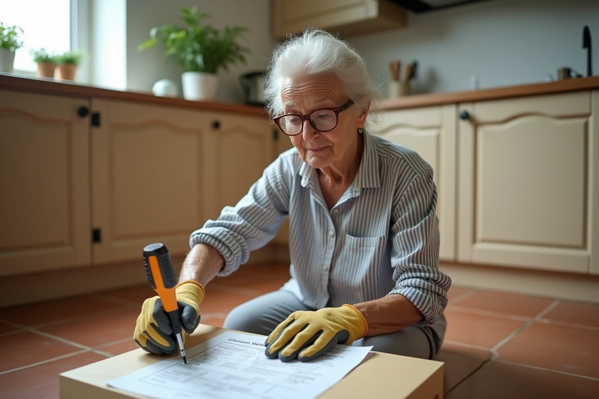 Femme âgée assemblant un meuble en kit chez elle avec des gants de sécurité et une notice d'instructions