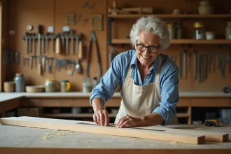 Senior femme apprenant le bricolage en mesurant une planche en bois dans un atelier organisé à domicile