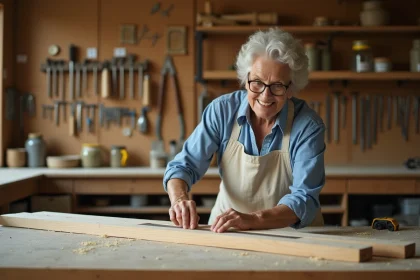 Senior femme apprenant le bricolage en mesurant une planche en bois dans un atelier organisé à domicile