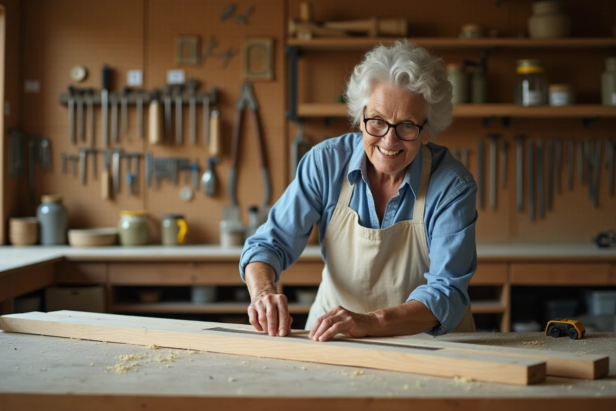 Senior femme apprenant le bricolage en mesurant une planche en bois dans un atelier organisé à domicile