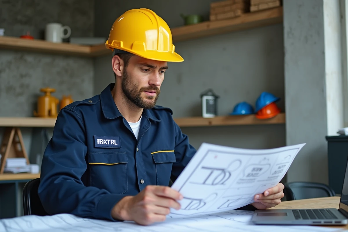 Stagiaire en formation BTP étudiant des documents de cours dans un centre de formation professionnelle moderne
