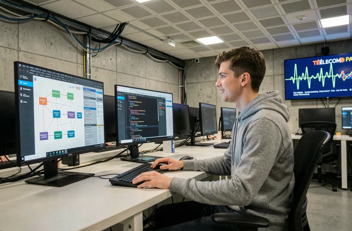 Étudiant travaillant sur des architectures réseau et du code dans une salle informatique de Télécom Paris