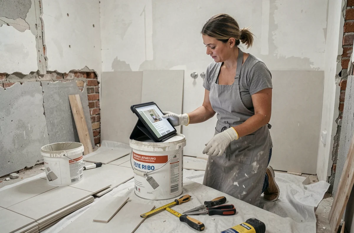Femme en train de suivre un tutoriel de carrelage en ligne sur tablette dans une salle de bain en rénovation