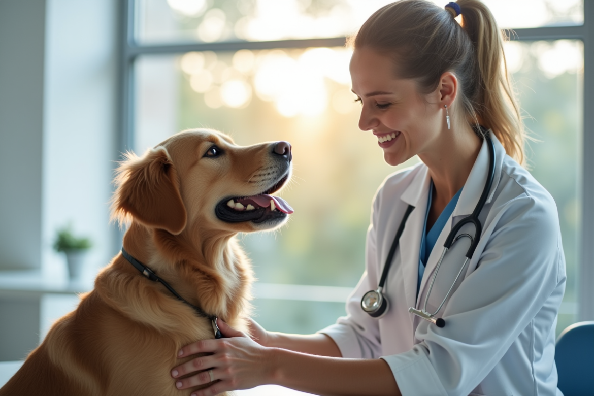 Vétérinaire souriant examinant un golden retriever dans une clinique lumineuse
