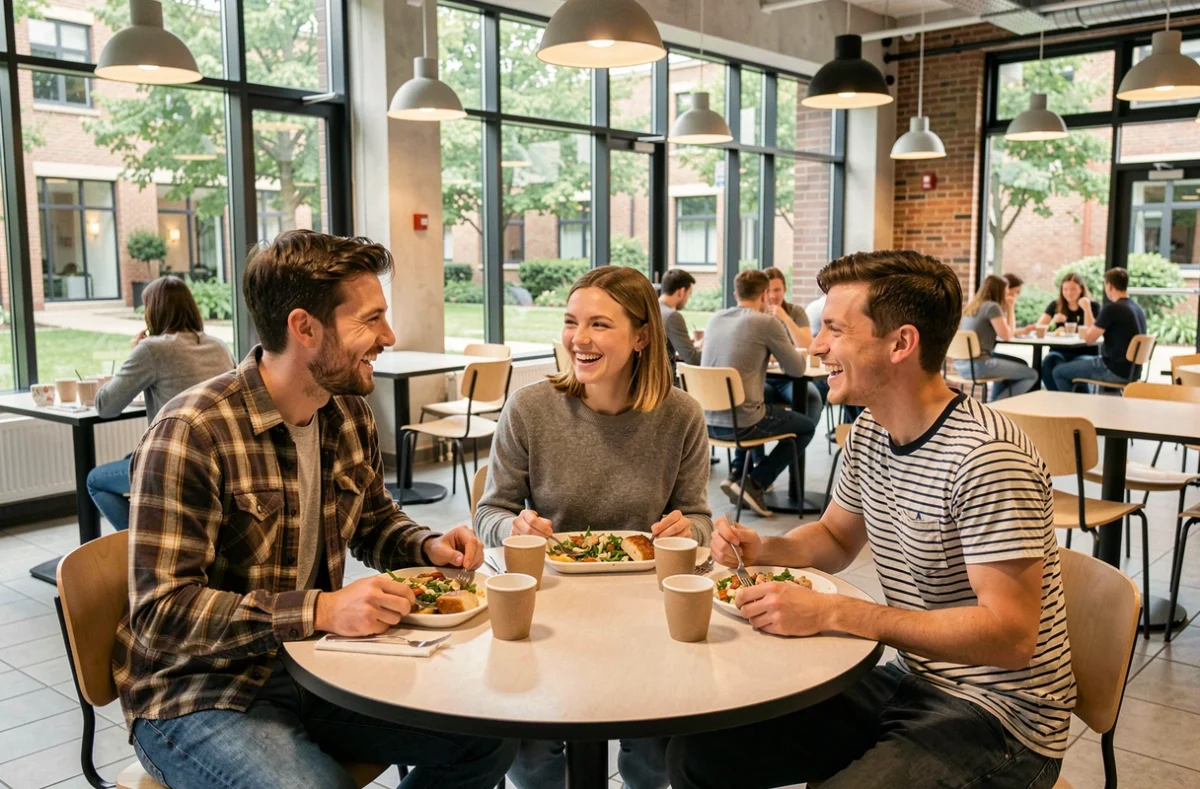 Groupe d'étudiants de l'Ensamaa partageant un repas à la cafétéria du campus
